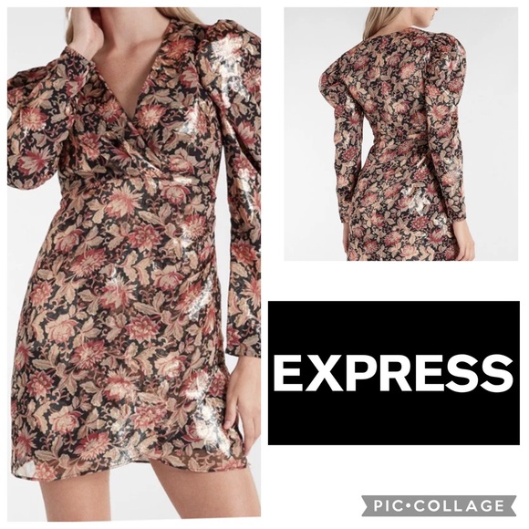 NWT Express Metallic Puff Sleeve Floral Deep V Dress Size Small - Picture 3 of 10